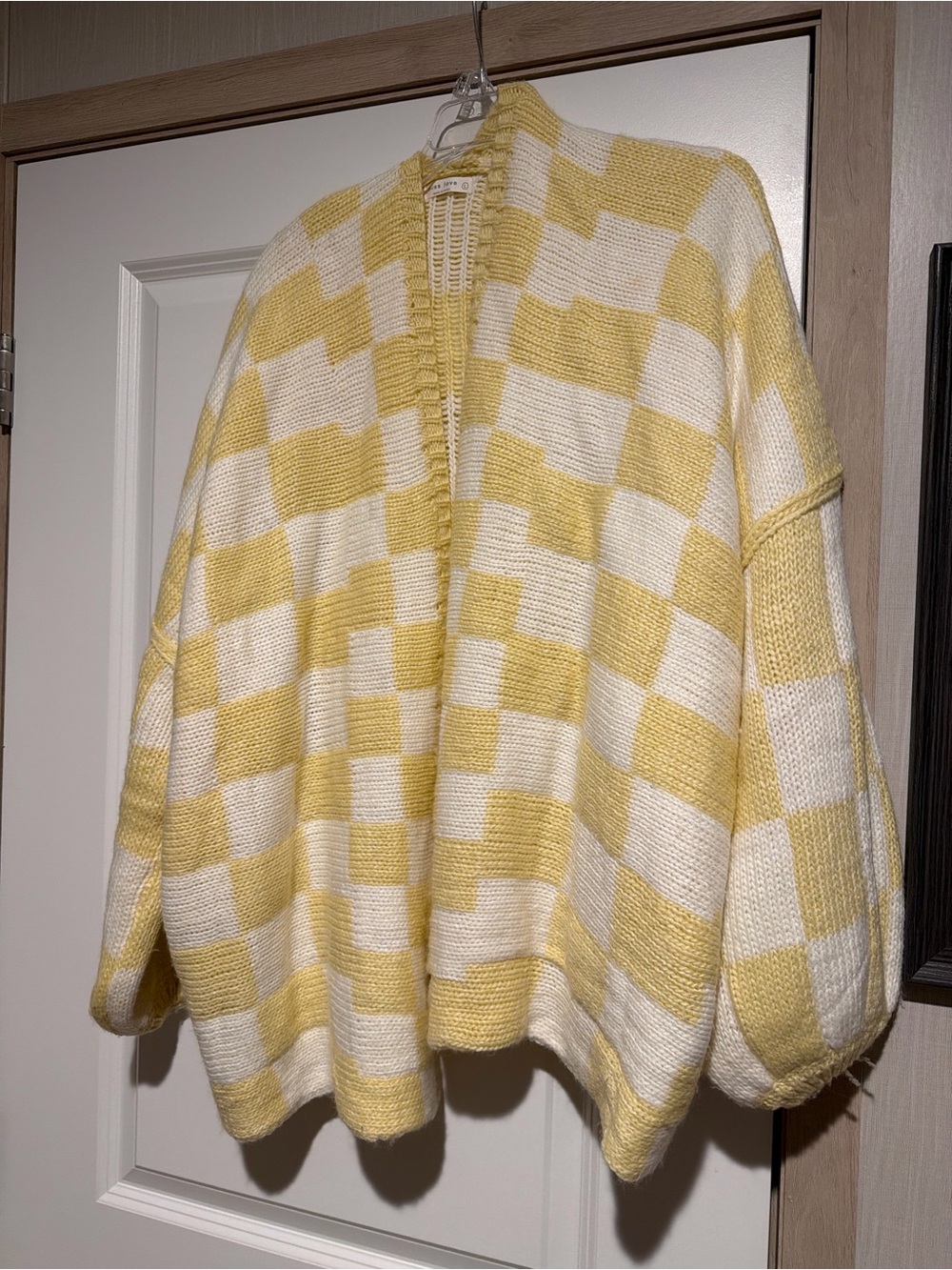 Checkerboard Open-Front Cardigan Sweater in Yellow & White